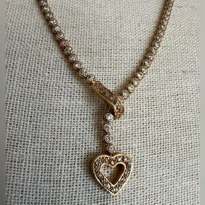 Gold Heart Slide Rhinestone Tennis Necklace 20” marked
